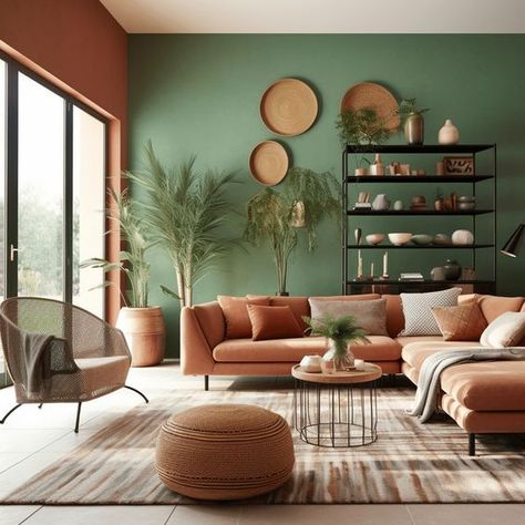 Peach And Green Interior Design, Green And Orange Apartment Aesthetic, Terracotta And Green Interior Design, Terracotta Office Interior, Rust Couch Living Room Ideas Sofas, Rust Green Living Room, Terracotta Interior Design Living Rooms, Terracotta Design Ideas, Terracotta Living Room Walls