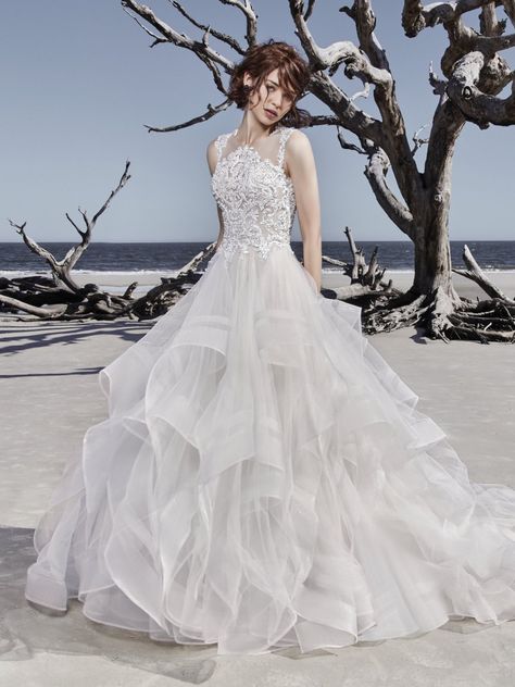 Sottero and Midgley - ARIYA, This modern princess ballgown features a beaded lace bodice, accented in Swarovski crystals, atop a tiered tulle skirt trimmed in horsehair. Beaded lace motifs complete the unique illusion jewel neckline and statement illusion back. Finished with crystal buttons and zipper closure. Maggie Soterro Wedding Dress, Maggie Soterro, Princess Ballgown, Sottero And Midgley Wedding Dresses, Sottero Midgley, Wedding Dress A Line, Sottero And Midgley, Princess Bridal Gown, Anna Campbell