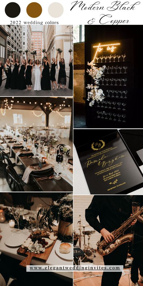 Rust Black And White Wedding, Wedding Black Tie Theme, Dark Gray Wedding Theme, White And Black Theme Wedding, Black And White And Gold Wedding Decor, Classic Black And White Wedding Party, All Black Wedding With Colorful Flowers, Modern Black And Copper Wedding, Black And Champagne Wedding Colors Decor