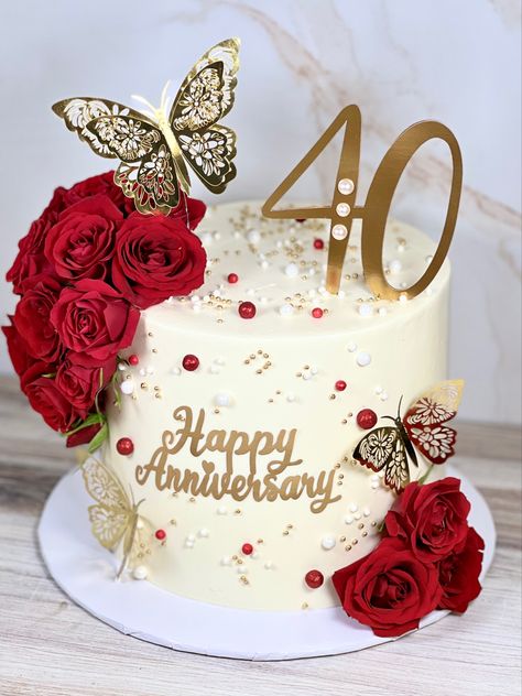 Simple Anniversary Cakes, 40th Wedding Anniversary Cake, 40th Birthday Cake For Women, Anniversary Cake Designs, Red Birthday Cakes, Happy Anniversary Cakes, Cake For Husband, Wedding Anniversary Cakes, Birthday Cake Pictures