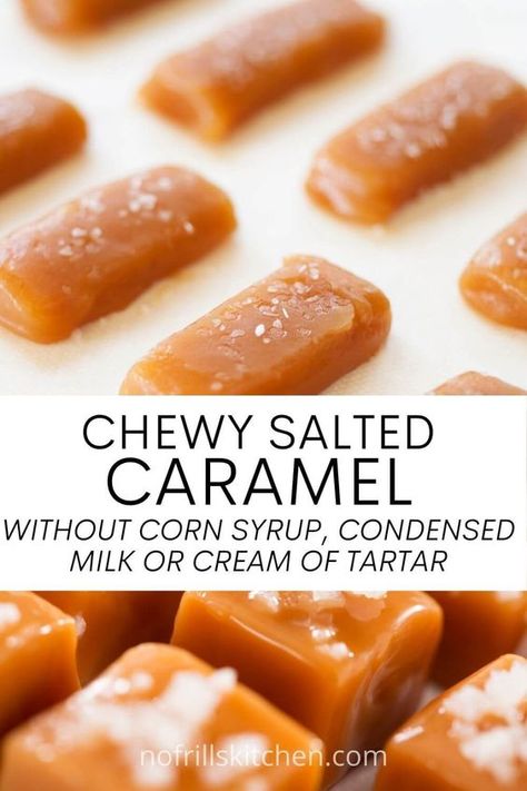 Homemade Caramel No Corn Syrup, Homemade Chewy Caramel, Chewy Caramel Recipe No Corn Syrup, Salted Caramels Recipe, Easy Caramel Candy, Caramel Candy Recipe Without Corn Syrup, Homemade Caramels Without Corn Syrup, How To Make Salted Caramel, Easy Chewy Caramel Recipe