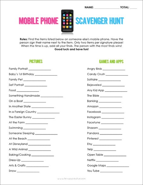 Phone Scavenger Hunt, Teen Scavenger Hunt, Christmas Party Games For Groups, Party Games Group, Large Group Games, Adult Scavenger Hunt, Adult Game Night, Reunion Games, Youth Games