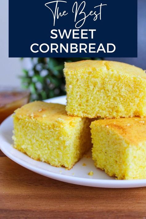 Plate of cornbread cake. Cornbread Recipe Without Buttermilk, Best Sweet Cornbread, Cornbread Side Dish, Cornbread Recipe From Scratch, Sweet Cornbread Recipe, The Best Cornbread, Southern Cornbread Recipe, Best Cornbread, Easy Cornbread Recipe