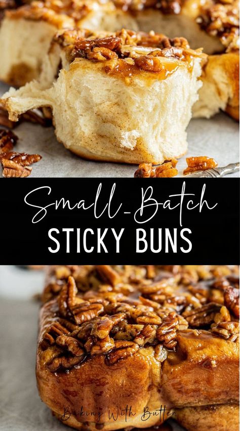 This small-batch sticky buns recipe makes 9 perfectly fluffy cinnamon rolls topped with gooey honey caramel and pecans. This recipe has the option to make same-day or overnight sticky buns. Overnight Sticky Buns, Hot Cross Buns Recipe Easy, Breakfast Pastry Recipes, Sticky Buns Recipe, Cross Buns Recipe, Small Batch Cookies, Cinnamon Bun Recipe, Sticky Buns Recipes, Fluffy Cinnamon Rolls