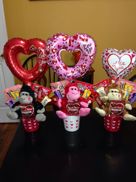 Monkey Valentine's bouquets #pinyourlove and #picmonkey Monkey Valentine, Fun Valentines Day Ideas, Candy Balloons, Valentines Day Baskets, Valentine Gift Baskets, Valentine's Day Decorations, Valentine Baskets, Valentine's Day Gift Baskets, Valentine Bouquet