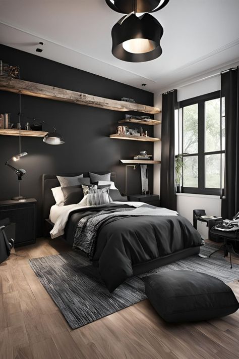 Modern Day Bedroom Ideas, Black Wall Bedroom Modern, Black Paint Bedroom Ideas, Dark Wall Room Ideas, Dark Loft Bedroom, Dark Grey Bed Ideas Color Combinations, Dark Wall In Bedroom, Boy Bedroom Ideas Teen, Black Bedroom Ideas For Teens