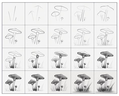 Zentangle Patterns Step By Step Mushrooms, Zentangle Mushrooms Pattern, Mushroom Step By Step Drawing, How To Doodle Mushrooms, How To Sketch Mushrooms, Mushroom How To Draw, Drawing Mushrooms Step By Step, Mushroom Doodle Step By Step, Mushroom Tutorial Drawing