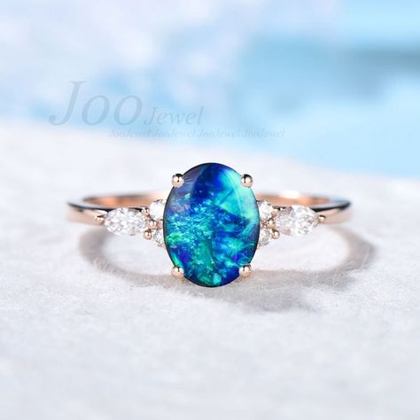 Sapphire Opal Engagement Ring, Blue Opal Ring Engagement, Blue Opal Rings, Blue Opal Engagement Ring, Blue Stone Engagement Ring, Vintage Rose Gold Wedding Ring, Vintage Wedding Rings Rose Gold, Opal Engagement Ring Vintage, Opal Engagement Ring Rose Gold