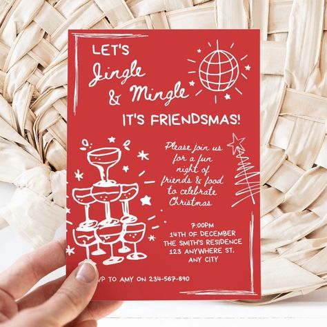 It's friendsmas time! 🍻🎅🎄 Hand drawn Christmas party invitation template. Let's jingle and mingle, it's time for a friendsmas party! Hand drawn party invitations are totally a vibe! Christmas is here, celebrate your family Christmas dinner or Friendsmas with this scribble Christmas drawing invitation template! This Christmas party invite set is easy to edit, ready for your upcoming Christmas cocktails or Christmas girls night in. Whether you are celebrating a corporate Christmas party or... Fun Christmas Party Invitations, Christmas Girls Night Invite, Xmas Dinner Invitation, Fun Christmas Party Ideas For Adults, Christmas Dinner Party Favors, Girls Christmas Dinner Party, Christmas Birthday Party Invitations, Christmas Party Invite Ideas, Friends Xmas Party Ideas