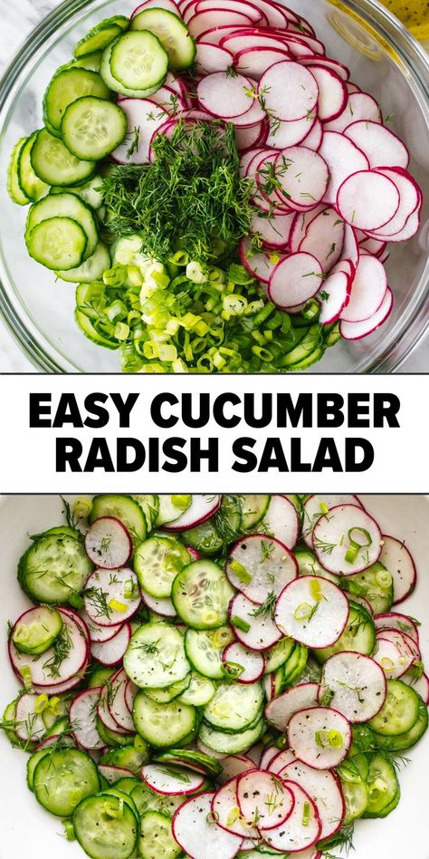 Radish Cucumber Salad, Cucumber Radish Salad, Cucumber Salads, Cucumber Diet, Radish Recipes, Creamy Cucumber Salad, Radish Salad, Yogurt Dressing, Cucumber Recipes Salad