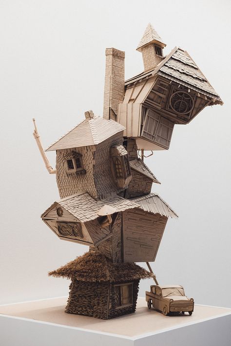 architecture students reimagine ollivanders, weasley burrow, and more harry potter scenes  www.designboom.com Weasley Burrow, The Burrow, Harry Potter Scene, Cardboard Sculpture, Cardboard House, Cardboard Art, Architecture Student, Architecture Model, Art Plastique