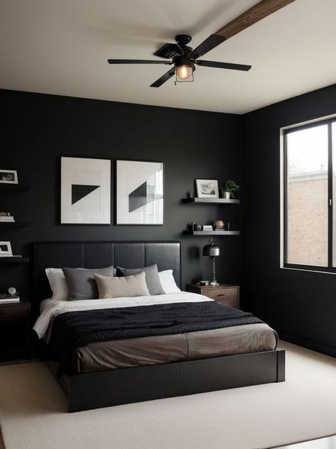 Modern Masculine Bedroom, Brown Bedroom Walls, Modern Mens Bedroom, Black Platform Bed, Male Bedroom, Male Bedroom Ideas, Black Walls Bedroom, Aesthetic Bedrooms, Mens Bedroom Decor