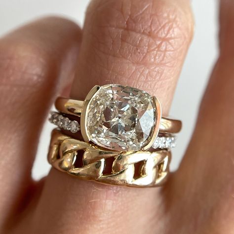 This 3.00ct cushion-cut diamond is perfectly accentuated by a half-bezel setting to showcase her stunning faceting. Sleek, timeless, and ever-so-sparkly, she makes the ultimate one-of-a-kind engagement piece. Please note resizing this ring adds an extra 7-10 days for delivery. Stackable Engagement Rings, Engagement Rings Natural, Half Bezel Engagement Ring, Wide Band Engagement Ring, Marrow Fine, Bezel Diamond Rings, Engagement Rings Unique, Half Bezel Setting, Fine Engagement Rings