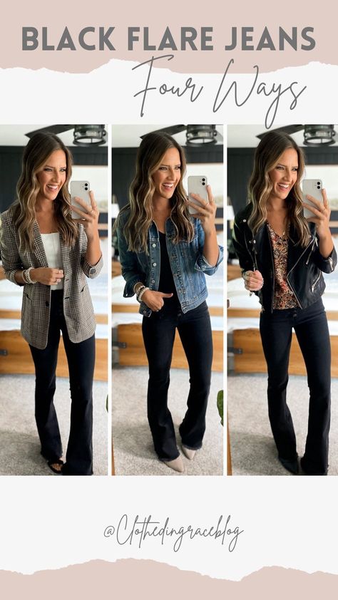 Black Flare Jeans Styled 4 Ways These amazing black jeans are on sale for $25 today! So stretchy and comfortable and fit like a dream.… | Instagram Black Flare Jeans Outfit Work, Black Flare Denim Outfit, Black Jeans Outfit Date Night, Bootcut Black Pants Outfits, Styling Black Flare Jeans, What Top To Wear With Flare Jeans, Flare Jeans Night Out Outfit, Black Jean Bell Bottoms Outfits, Flare Jeans Work Outfit