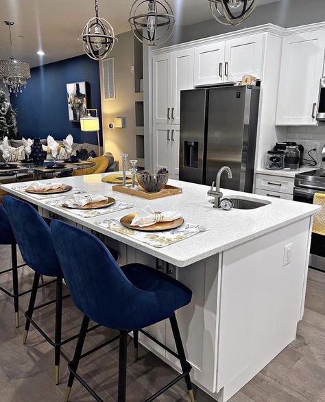 Kitchen Decor Ideas Apartment Color, Navy Blue And Grey Kitchen Decor Ideas, Grey And Blue Apartment Decor, Royal Blue Apartment Decor, Blue And Silver Apartment Decor, Kitchen Decor Ideas Apartment, Navy Blue Aesthetic Kitchen, Kitchen Apartment Ideas, Simple Apartment