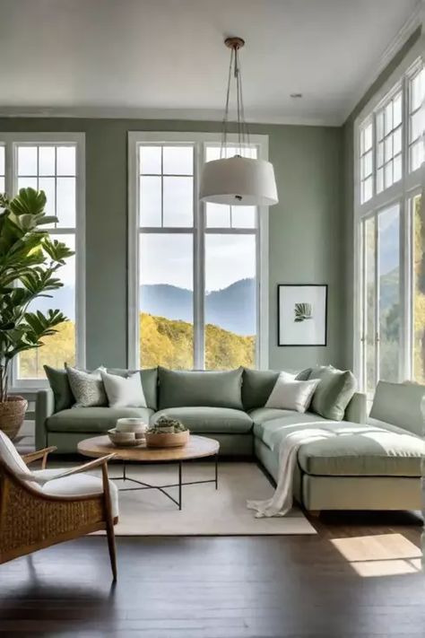 Calm and serene living room with sage green walls and white furniture Mint Green Couch Living Room Ideas, Pale Green Walls Living Room, Sage Green And White Living Room, Beige And Sage Living Room, Green Transitional Living Room, Cozy Green Living Room, Pale Green Living Room, Sage Couch, Green Living Room Color Scheme