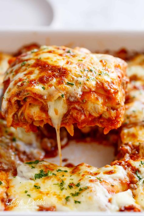 Cafe Delights Recipes, Lasagna No Meat, Authentic Lasagna, Cheesy Lasagna Recipe, Cafe Delights, Ricotta Lasagna, Lasagna Recipe With Ricotta, Pumpkin Lasagna, Best Lasagna