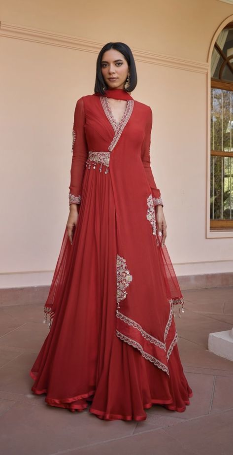 Indowestern Bridal Outfits, Indo Western Look For Women, How To Style A Red Dress, Designer Indo Western Outfits For Women, Dress Out Of Saree, Saree Recycle Dresses Indian, Indian Wear Designs, Cut Work Designs, Indian Wear For Women