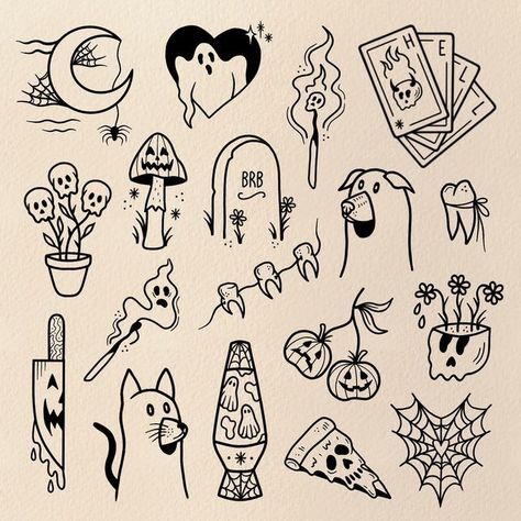 Halloween Tarot Cards Tattoo, Quirky Flash Tattoo, Funny Flash Art Tattoos, Spooky Line Tattoo, Halloween Tattoo Aesthetic, Halloween Cute Tattoo Ideas, Halloween Doodle Tattoo, Small Tattoo Ideas Spooky, Tiny Halloween Tattoo Flash