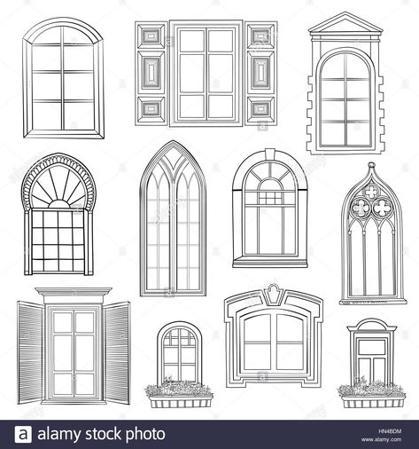 Download this stock vector: Window set. Different architectural style of windows doodle sketch stylish collection - HN4BDM from Alamy's library of millions of high resolution stock photos, illustrations and vectors. Window Drawing Ideas, Drawing Windows, Window Drawings, Window Sketch, Building Windows, Gothic Windows, Window Drawing, Architecture Drawing Art, Arched Windows