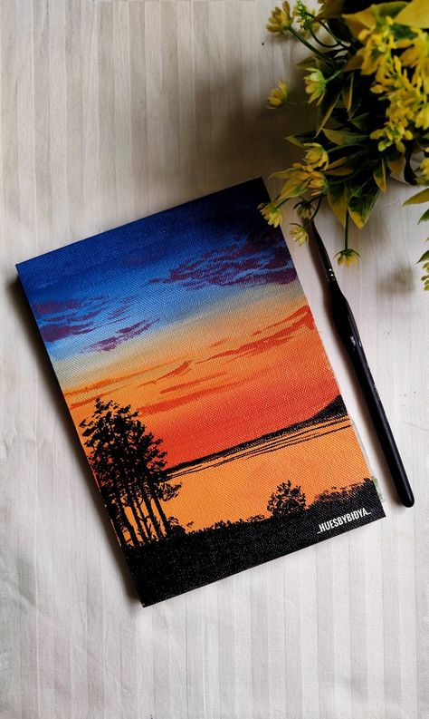 Sunset, acrylic, painting, canvas work Sunrise Sunset Painting, Canvas Pad Painting, Black Canvas Art Acrylics, Easy To Paint Canvas Ideas, Sunrise Painting Acrylic, Acrylic Sunset Painting, Sunset Painting On Canvas, Sunset Painting Easy, Acrylic Sunset