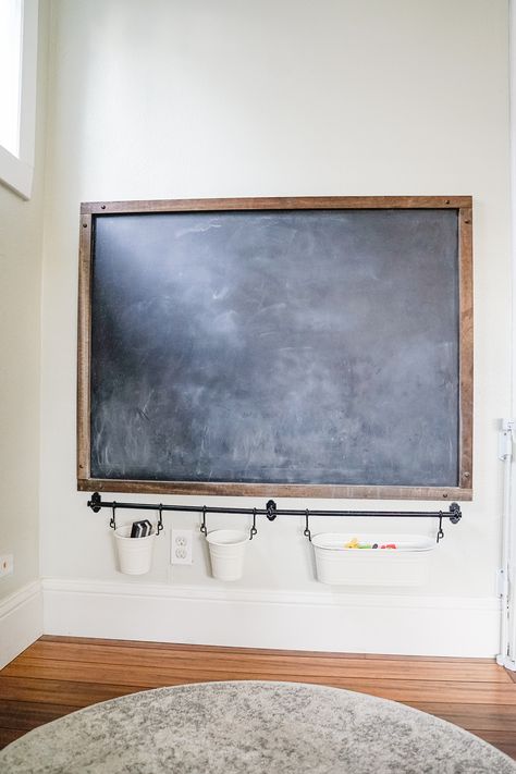 DIY Magnetic Chalkboard | Life on Beacon Playroom Magnetic Chalkboard, Indoor Chalkboard Wall, Chalk Wall In Playroom, Painted Chalkboard Wall, Chalkboard Wall Playroom Ideas, Playroom Blackboard, Magnet Wall For Kids, Large Chalkboard Ideas, Magnetic Paint Wall