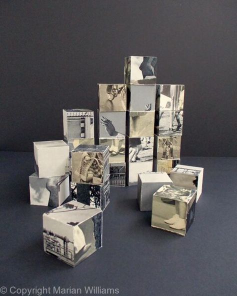 "Memories" Six paper collages on 24 puzzle blocks each 4 x 4 x 4 cm. The collages reflect childhood memories, mixed up in a puzzle. The different collages are: Memories 1 - 'Dock' Memories 2 - 'Zadkine' Memories 3 - 'Dolmen' Memories 4 - 'Sisters' Memories 5 - 'In Line' Memories 6 - 'Van Nelle' Photo Vignette, Puzzle Artwork, Memory Artwork, Memory Collage, Gcse Photography, Paper Collages, 4 Sisters, Memory Design, Memories Photography