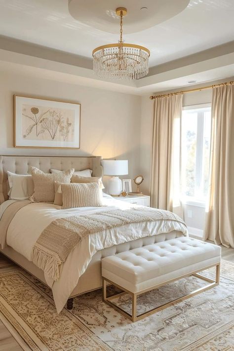 Neutral Bedroom Hint Of Blue, Ivory And Gold Bedroom Ideas, Tan And Gold Bedroom, Gold And Beige Bedroom, Woman’s Bedroom Ideas, Bedroom Ideas Gold Accents, Beige Room Bedroom, Gold Bedroom Aesthetic, Beige Room Aesthetic