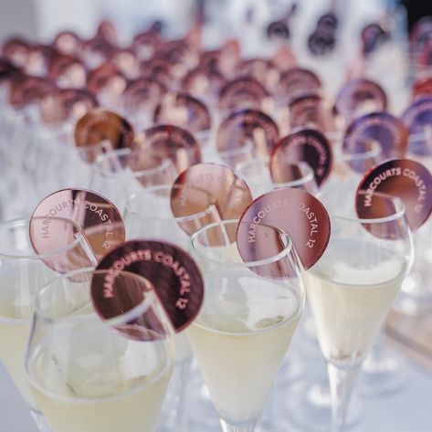 Talk about a great first impression when you walk into an event! ⁠ Getting handed a glass of bubbles is of course a win but the fact that it has a custom engraved business branded drink disk makes it a little more extra!⁠ ⁠ We love helping clients create items that are going to wow their guests, get their brand on social media and brand placement. ⁠ ⁠ Corporate events and parties are ramping up, contact us today! ⁠ ⁠ ⁠ ⁠ Brand Launch Party Ideas, Brand Event Ideas, Corporate Cocktail Event, Brand Launch Party, Event Activations, Event Launch, Brand Activation Ideas, Launch Event Ideas, Family Wealth