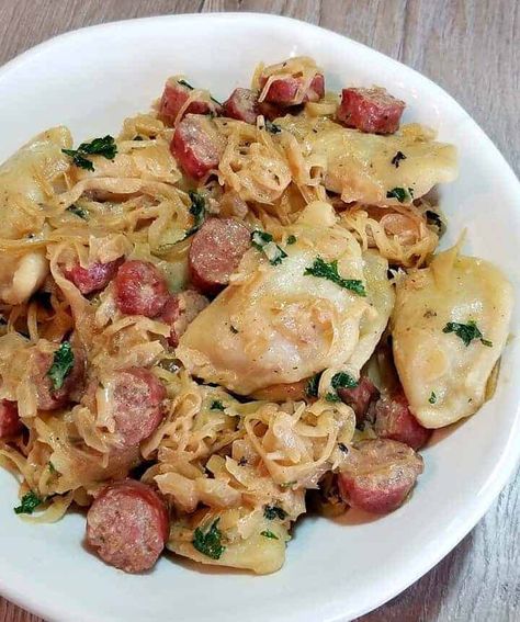 Farmer Sausage Skillet with Perogies Sausage Pierogies, Sausage Dinner Ideas, Kielbasa And Pierogies, Farmer Sausage, Sausage Sauerkraut, Pierogi Casserole, Perogies Recipe, Sausage Skillet, Sausage Dinner