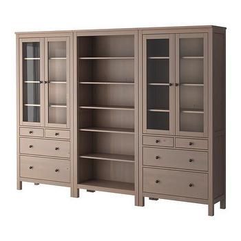 HEMNES Storage combination - gray-brown - IKEA Hemnes Bookcase, Sustainable Beauty, Ikea Hemnes, Red Stain, Standing Shelves, Glass Cabinet Doors, Large Drawers, Home Library, Solid Pine