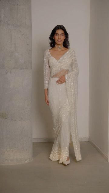 White Saree Blouse Ideas, White Saree With Pearls, Off White Saree Look, Bridal White Saree, White Chikankari Saree, White Designer Blouse, White Saree Look, White Sequin Saree, White Designer Saree