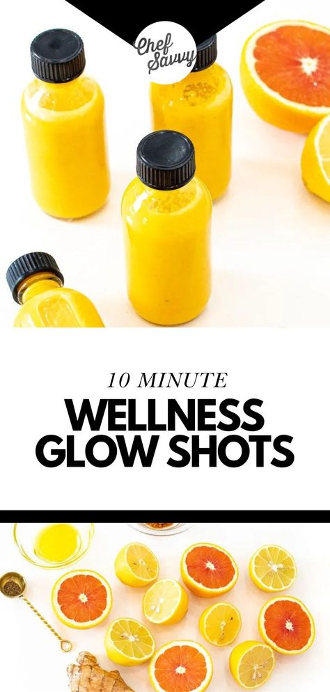 Save this Quick & Easy Homemade Wellness Glow Shots Recipe!  Wellness Glow Shots are a quick and convenient way to give your body a quick nutrient boost! These concentrated shots are packed with vitamins, minerals, and antioxidants, designed to support your immune system and boost energy levels! Follow Chef Savvy for more Healthy Smoothies & Juices! Pineapple Wellness Shots, Energy Shots Recipe, Gut Healthy Shots, Juicing Wellness Shots, Juice Shots Recipes For Gut, Homemade Wellness Juice Shots, Vitamin Shots Recipes, Juicing Shots Recipes, Juice Shots For Glowing Skin