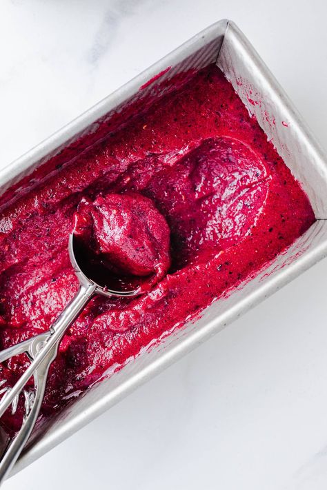 Easy Berry Sorbet – Salted Plains Berry Sorbet Recipe, Mixed Berry Sorbet, Homemade Sorbet, Berry Sorbet, Dairy Free Treats, Lemon Sorbet, Sorbet Recipes, Fruit Puree, Strawberry Rhubarb