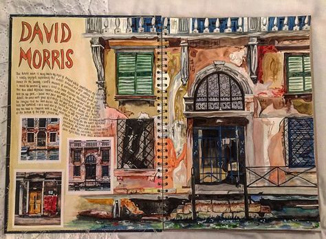 My artist research page inspired by David Morris. Artist Research Page, Artist Research, David Morris, Sketchbook Layout, Art Alevel, Gcse Art Sketchbook, A Level Art Sketchbook, Architecture Sketchbook, Art Diary