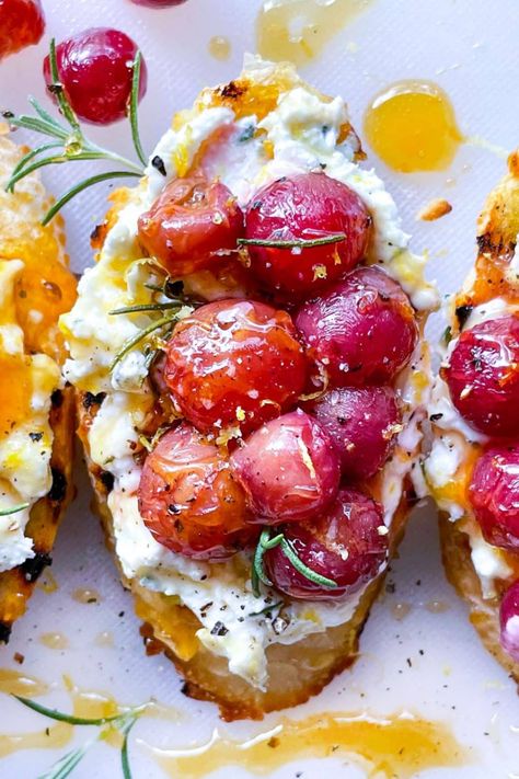 Roasted Grape Whipped Goat Cheese Crostini | foodiecrush.com Grape Appetizers, Cheese Crostini, Goat Cheese Crostini, Goat Cheese Appetizer, Crostini Appetizers, Whipped Goat Cheese, Grape Recipes, Festive Appetizers, Grilled Bread