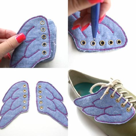 How to: Winged Shoes.  Would be so cute for a daughter one day (one day a very long time from now). Shoe Accessories Diy, Diy Wings, Wing Shoes, Roller Skates, Roller Skating, Accessories Diy, Diy Shoes, Crazy Shoes, Diy Inspiration