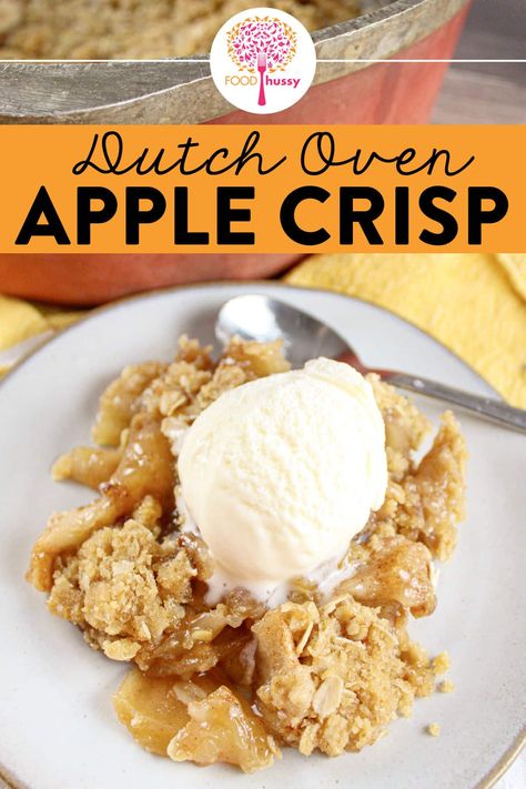 Dutch Oven Apple Crisp Recipe, Dutch Oven Apple Crisp, Dutch Oven Desserts, Dutch Oven Camping, Dutch Oven Cooking, Dutch Oven Recipes, Apple Crisp Recipes, Campfire Cooking, Cast Iron Cooking