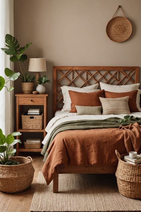 Complementary Colors Bedroom, Rust And Cream Bedding, Bedroom Terracotta Bedding, Jade Bedroom Walls, Terracotta And Tan Bedroom, Boho Brown Bedroom, Terracotta And Green Bedding, Orange Wood Bedroom, Rust Color Bedding Ideas