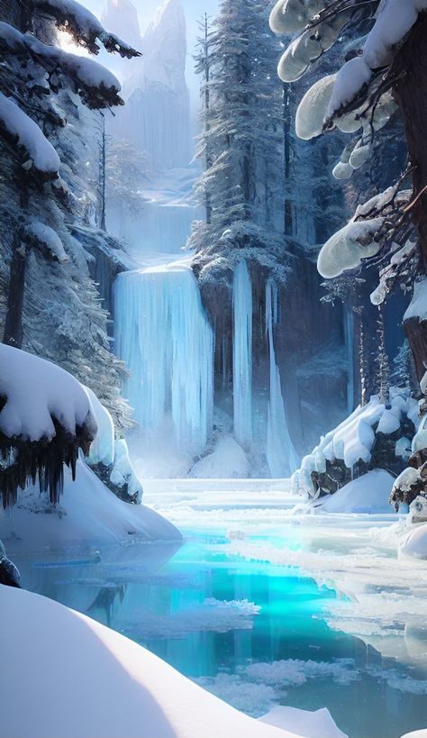 Winter Photography Nature, Beautiful Paintings Of Nature, Frozen Waterfall, Beautiful Winter Pictures, Beautiful Winter Scenes, Waterfall Pictures, Christmas Scenery, Scenery Pictures, Night Landscape