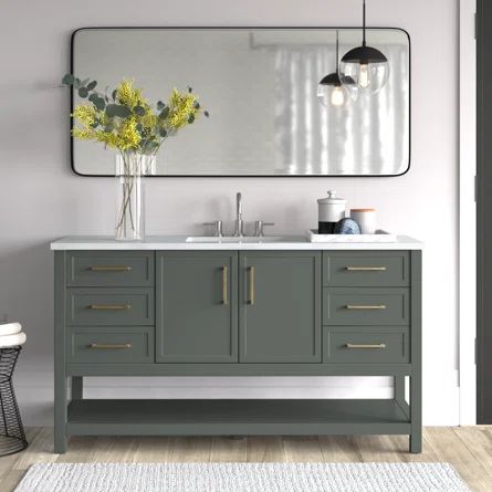 Mercury Row® Vicini 60" Single Bathroom Vanity Set | Wayfair 60 Inch Vanity, 60" Vanity, Green Vanity, Bathroom Necessities, Single Sink Vanity, Main Bathroom, Engineered Stone, Double Bathroom Vanity, Bathroom Sink Vanity