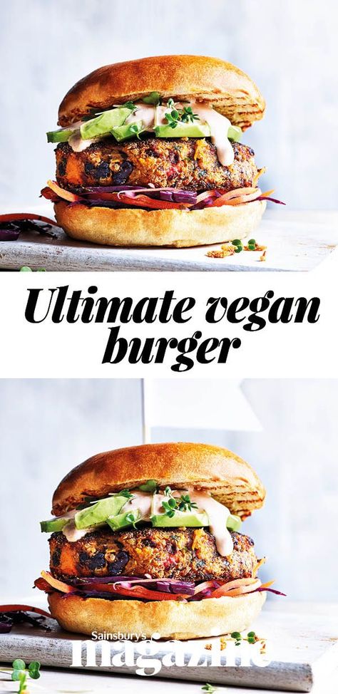 Our ultimate vegan burger is made with black beans and sweet potatoes. Just add a side serving of potato wedges Best Vegan Burger Recipe, Homemade Vegan Burgers, Sweet Potato Vegan, Black Bean And Sweet Potato, Bean And Sweet Potato, Sweet Potato Burgers, Vegan Burger Recipe, Veggie Burgers Recipe, Plant Based Burgers