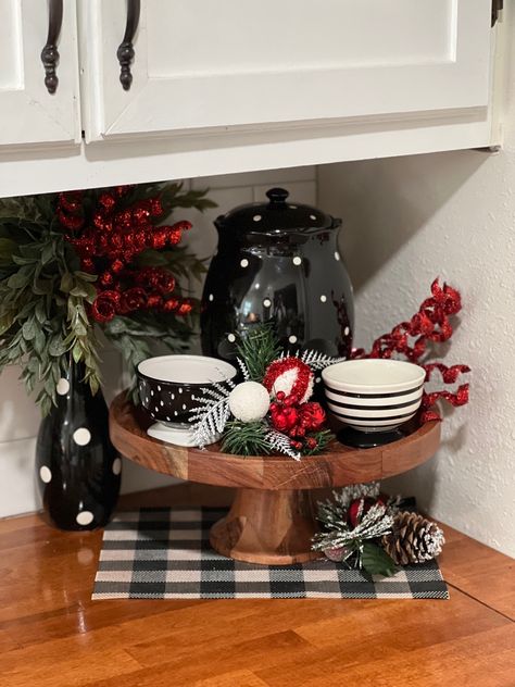 Christmas Kitchen Counter Decor/Candy Cane/Buffalo Plaid/Polka Dots/Black and White Stripe by Starla Black And White Christmas Kitchen Decor, Black And White Buffalo Plaid Christmas Dining Table, Black And White Gingham Christmas Decor, Kitchen Counter Christmas Decor Ideas, Hot Cocoa Bar Buffalo Plaid, Coffe Bar Christmas Decoration, Christmas Countertop Decor, Christmas Decir, Christmas Thoughts