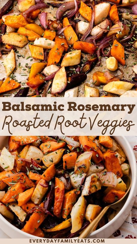 Roasted Veggies Christmas Dinner, Make Ahead Roasted Root Vegetables, Root Vegetable Recipes Roasted, Root Veggie Bake, Roasted Root Veggies Thanksgiving, Roasted Vegetable Platter Ideas, Recipes With Root Vegetables, Thanksgiving Roasted Vegetables Recipes, Roasted Root Vegetables Balsamic