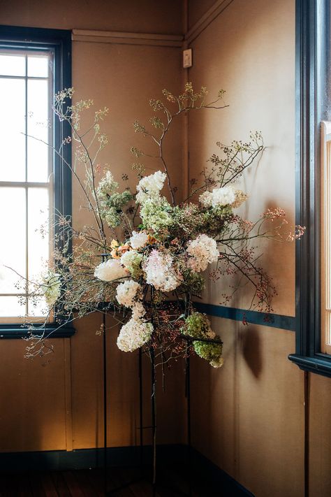 Cecilia Fox | Love Grows Where Roses Bloom Woodland Floral Installation, Hm Christmas, Branch Centerpieces Wedding, Bridal Shower Decorations Rustic, Rose Farm, Floral Installations, Flower Installation, Flower Store, Modern Flower Arrangements