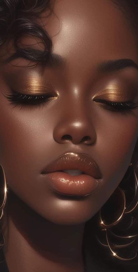 Black Golden Makeup, Black Queen Makeup, Goddess Makeup, Gold Makeup Looks, Lip Art Makeup, Makeup For Black Skin, Queen Makeup, Gold Makeup, Makeup Transformation