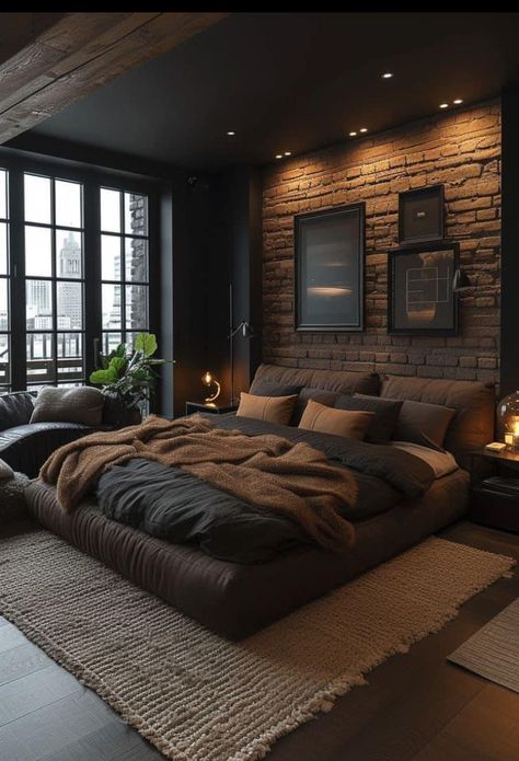 Men Apartment Bedroom Ideas, Beds For Men Masculine Bedrooms, Industrial Masculine Bedroom, Master Bedrooms Decor Dark, Man House Decor Masculine Interior, Cosy Mens Bedroom, Man House Decor, Modern Rustic Mens Bedroom, Bedroom Industrial Style