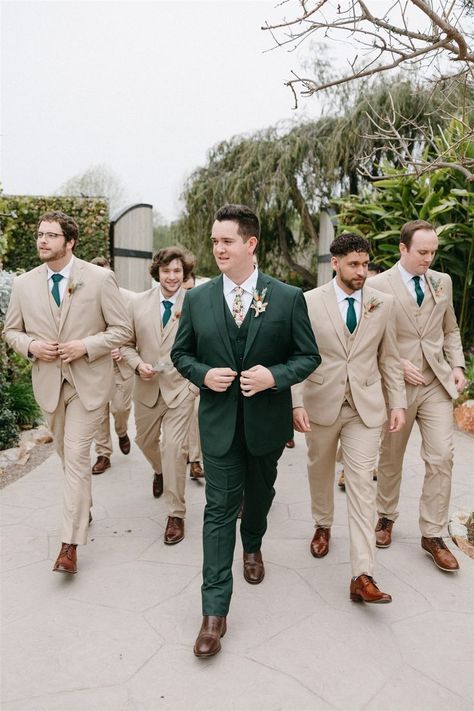 Tan Groomsmen, Tan Suit Wedding, Forest Green Wedding, Green Wedding Suit, Wedding Groomsmen Attire, Olive Green Weddings, Groom Wedding Attire, Tan Wedding, Green Themed Wedding