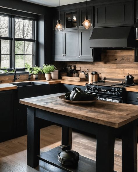 Kitchen Ideas Black And Wood, Moody Kitchen Ideas, Dark House Interior Design, Dark And Moody Kitchen, Kitchen With Character, Dark Moody Decor, Dark Moody Kitchen, Black And Wood Kitchen, Dark House Interior