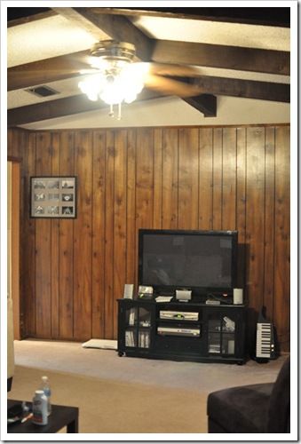 Living Room Reveal {Finally} Before And After Wood Paneling Paint, Panel Room Makeover, Renovate Wood Panel Walls, Painting Wood Walls Before And After, Wood Paneling Before And After, Diy Paneling Makeover, Panel Wall Remodel, Painted Wood Paneling Walls Before And After, Paint Colors For Wood Paneling